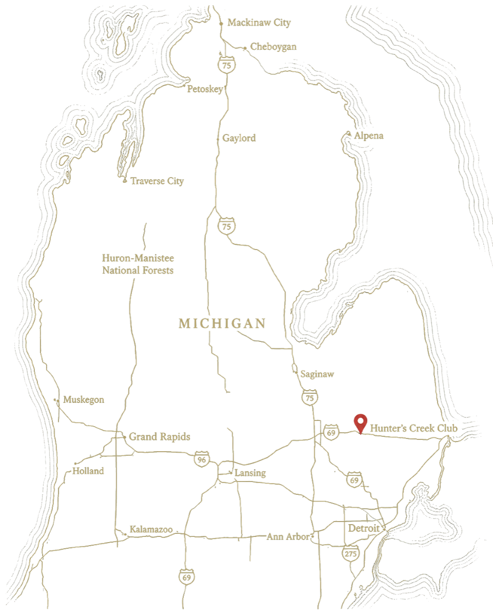 Map of Michigan showing Hunter's Creek Club east of I-69 near Metamora
